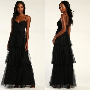 Lulus Tulle-y Amazing Black Tulle Sleeveless Bustier Maxi Dress Wedding Party